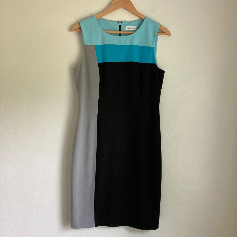 Calvin Klein Colorblock Sheath Dress in Black & Aqua